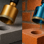 Close-up of a blue diamond hole saw attached to a drill, cutting into a red brick wall, with fine dust visible around the drilling area.