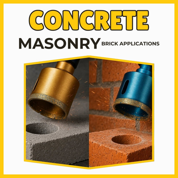 Close-up of a blue diamond hole saw attached to a drill, cutting into a red brick wall, with fine dust visible around the drilling area.