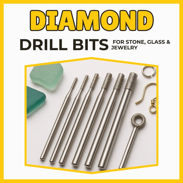 Precision set of diamond drill bits for stone 1mm to 3mm displayed with sea glass and jewelry findings