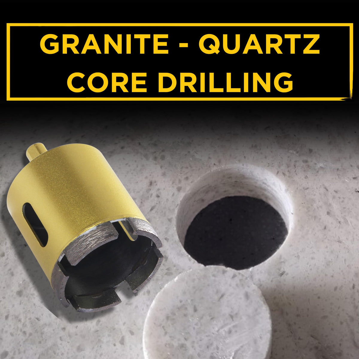 Diamond core drill bit beside a clean hole cut in a granite and quartz countertop