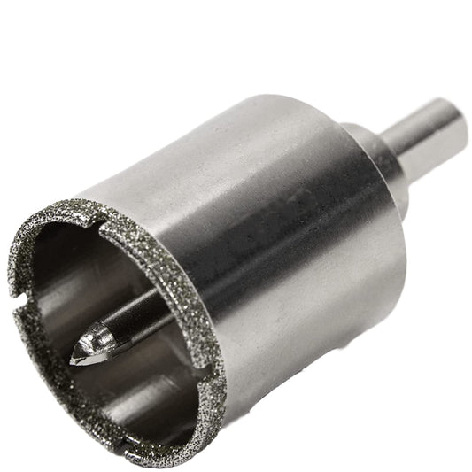 1-1/2 inch diamond hole saw with pilot bit, close-up of the diamond-coated rim