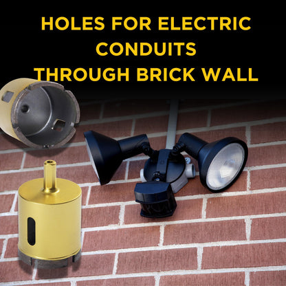 Diamond hole saw drilling through a brick wall for an outdoor light electrical conduit