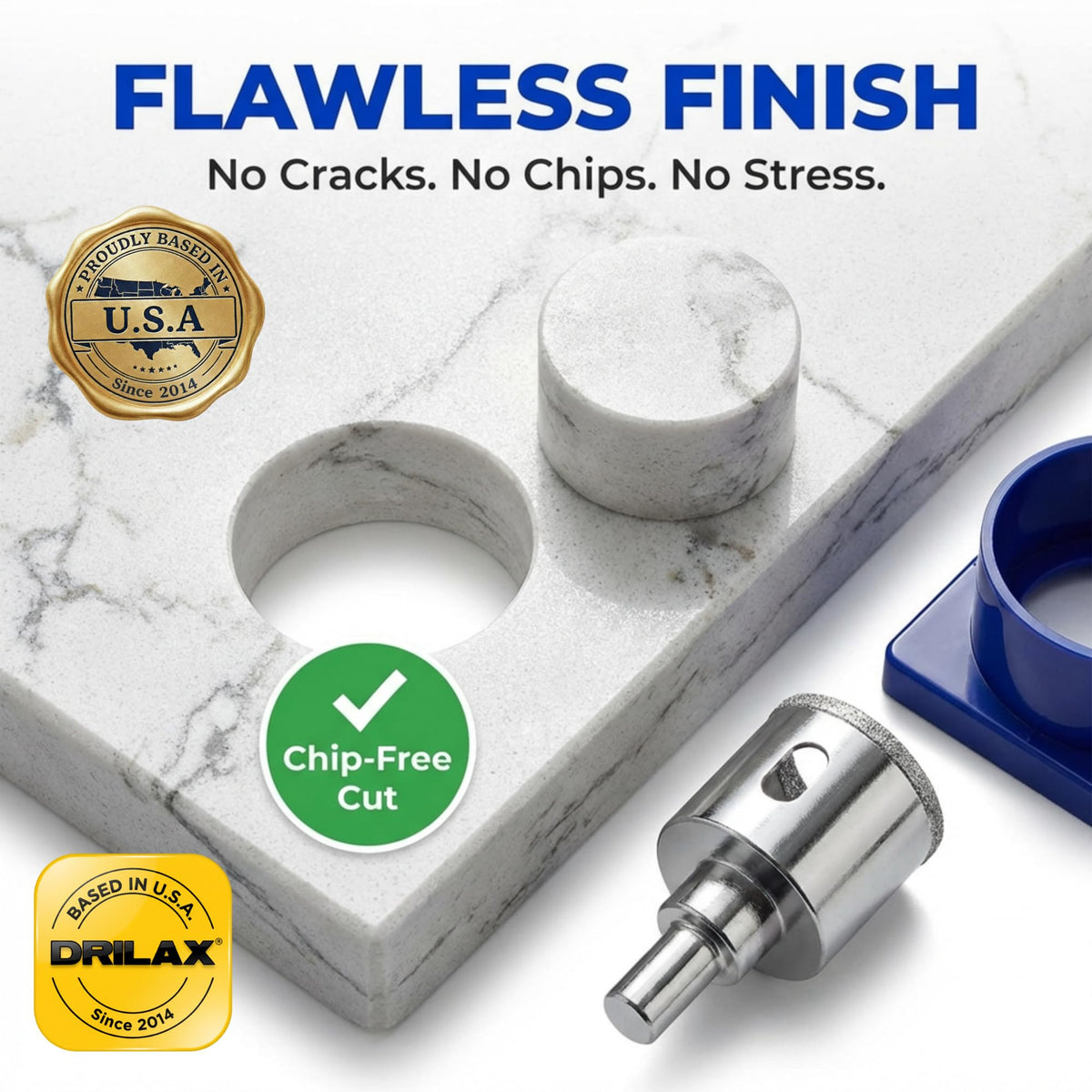 Chip-free hole cut in a marble countertop with a 1-1/2 inch diamond hole saw