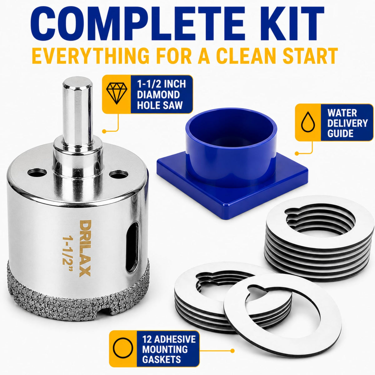 Complete kit: 1-1/2 inch diamond hole saw, water delivery guide and 12 adhesive mounting gaskets
