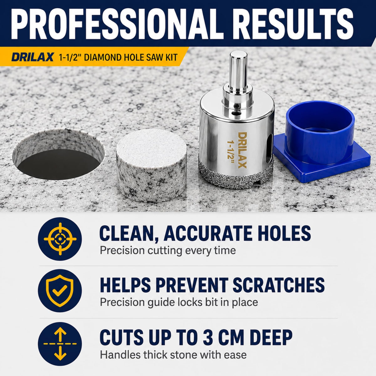1-1/2 inch diamond hole saw kit cuts clean, accurate holes up to 3 cm deep in granite