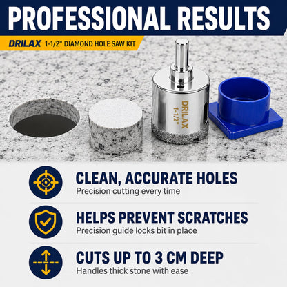 1-1/2 inch diamond hole saw kit cuts clean, accurate holes up to 3 cm deep in granite
