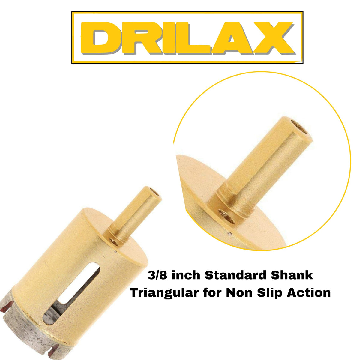 Close-up of the 3/8 inch triangular shank on the diamond hole saw for a non-slip fit