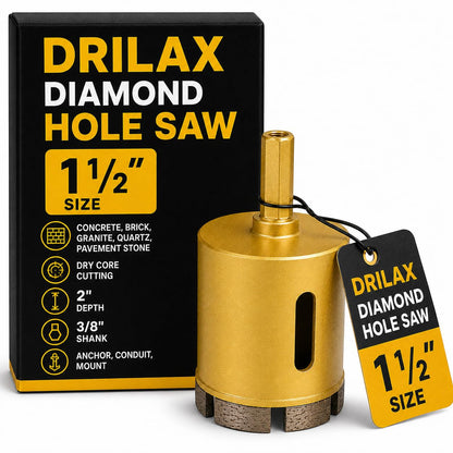 1-1/2 inch masonry diamond hole saw with box – dry core cutting, 2 inch depth, 3/8 inch shank