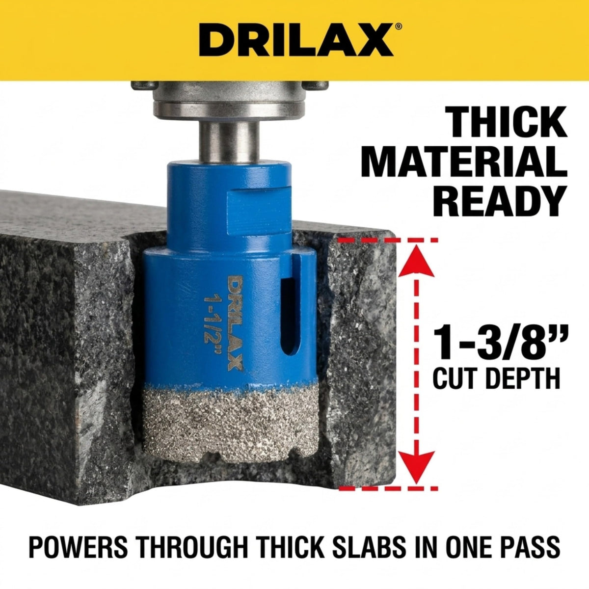 1-3/8 inch cut depth through thick slabs in one pass