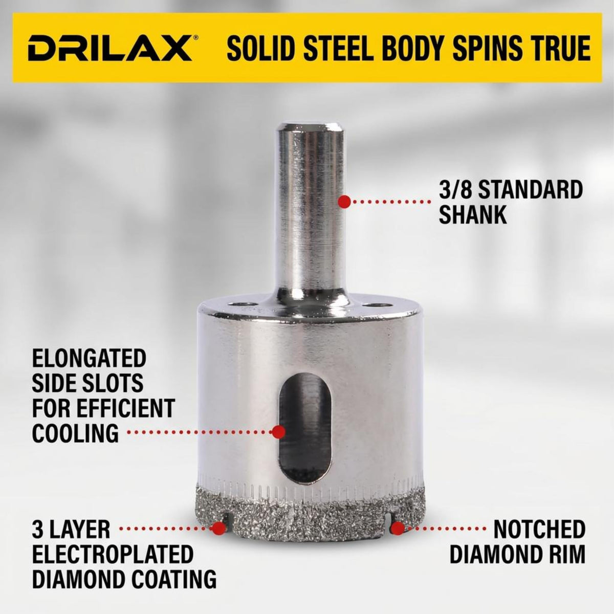 Solid steel body, 3/8 inch standard shank, side slots, 3 layer electroplated diamond coating