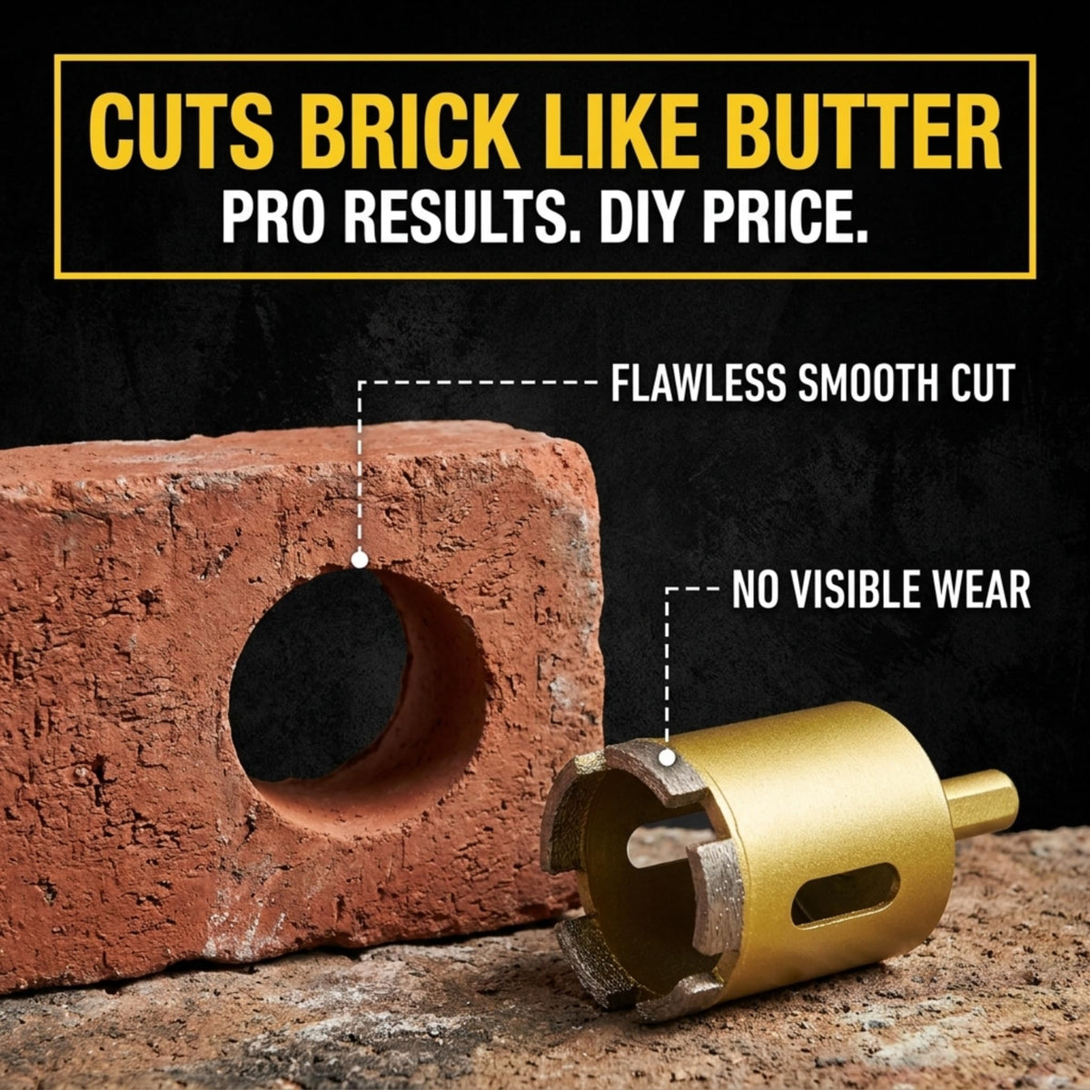 1-1/4 inch hole saw next to a brick with a clean drilled hole