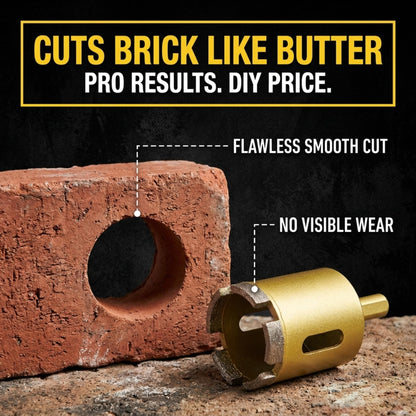 1-1/4 inch hole saw next to a brick with a clean drilled hole