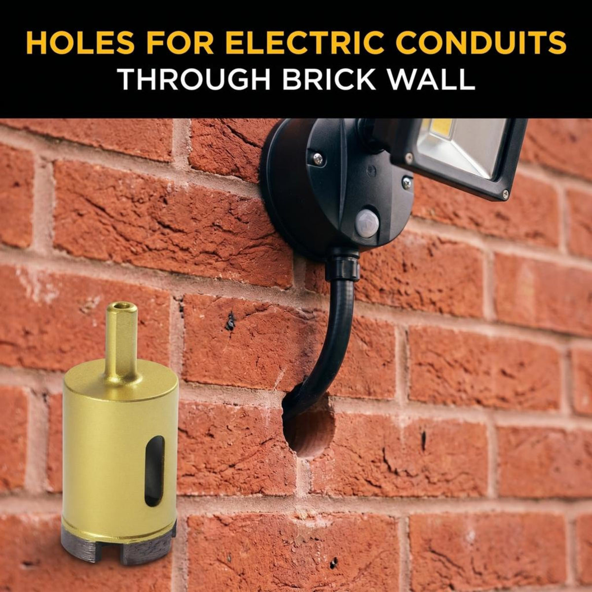 Hole for an electric conduit drilled through a brick wall