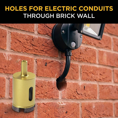 Hole for an electric conduit drilled through a brick wall