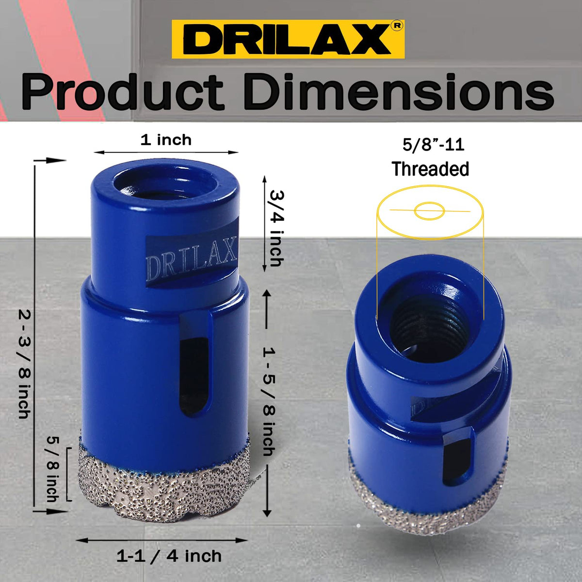 Dimensions: 1-1/4 inch diameter, 2-3/8 inch tall, 5/8"-11 thread