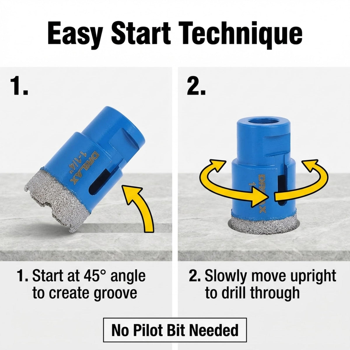 Easy start: begin at 45 degrees to cut a groove, then move upright. No pilot bit needed