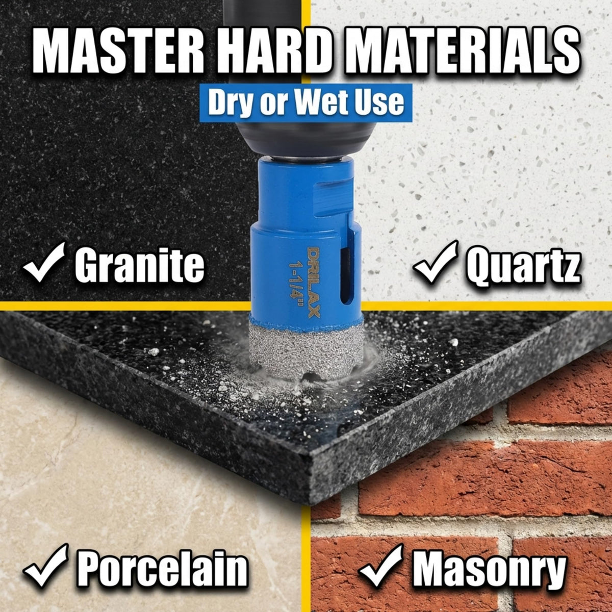 Dry or wet use in granite, quartz, porcelain and masonry