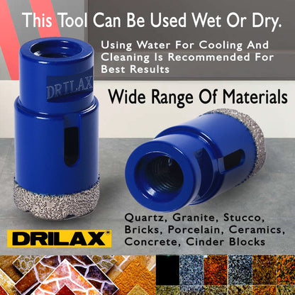 Use wet or dry, water recommended: drills quartz, granite, stucco, brick, porcelain, ceramic and concrete