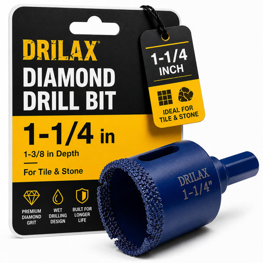 1-1/4 inch vacuum brazed diamond hole saw in its package, 1-3/8 inch cut depth
