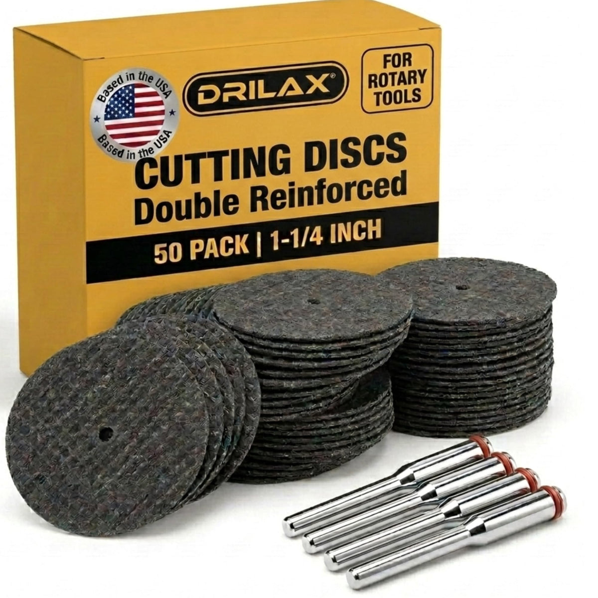 50-pack of 1-1/4 inch double reinforced cut-off wheels with 4 mandrels