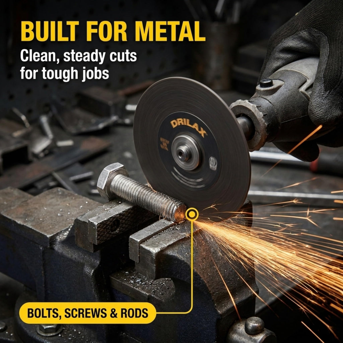 Reinforced cut-off wheel cutting a bolt in a vise