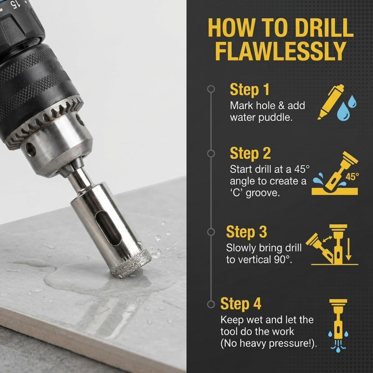 How to drill: mark the hole and add water, start at an angle, bring the drill vertical, light pressure