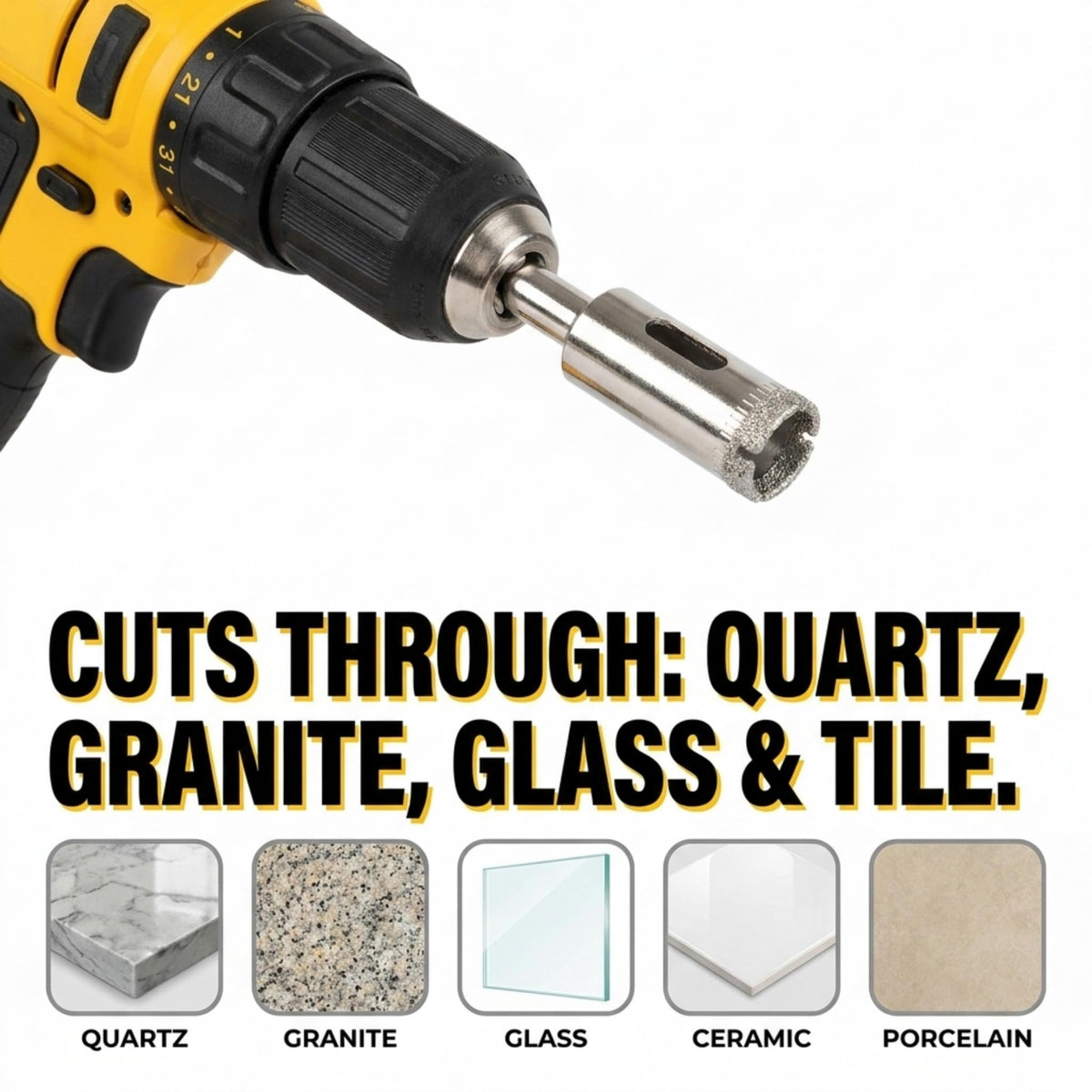 Cuts through quartz, granite, glass, ceramic and porcelain