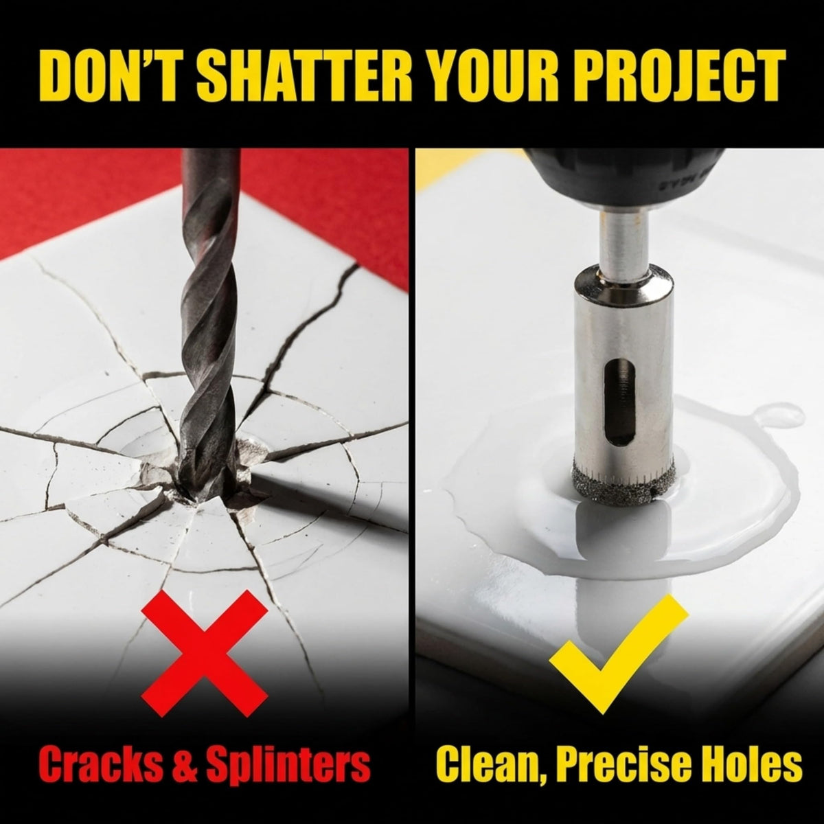 Diamond hole saw drills clean holes where a standard bit cracks tile