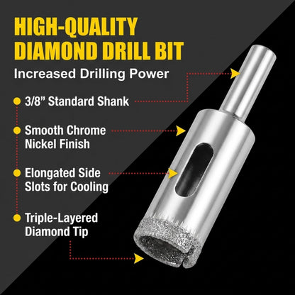 3/8 inch standard shank, chrome nickel finish, side slots, triple-layered diamond tip