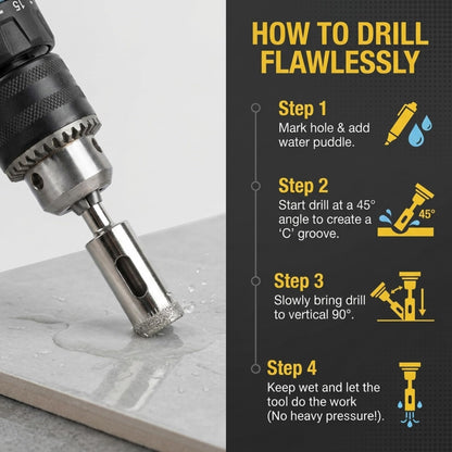 How to drill: mark and wet, start at 45 degrees, go vertical, keep it wet