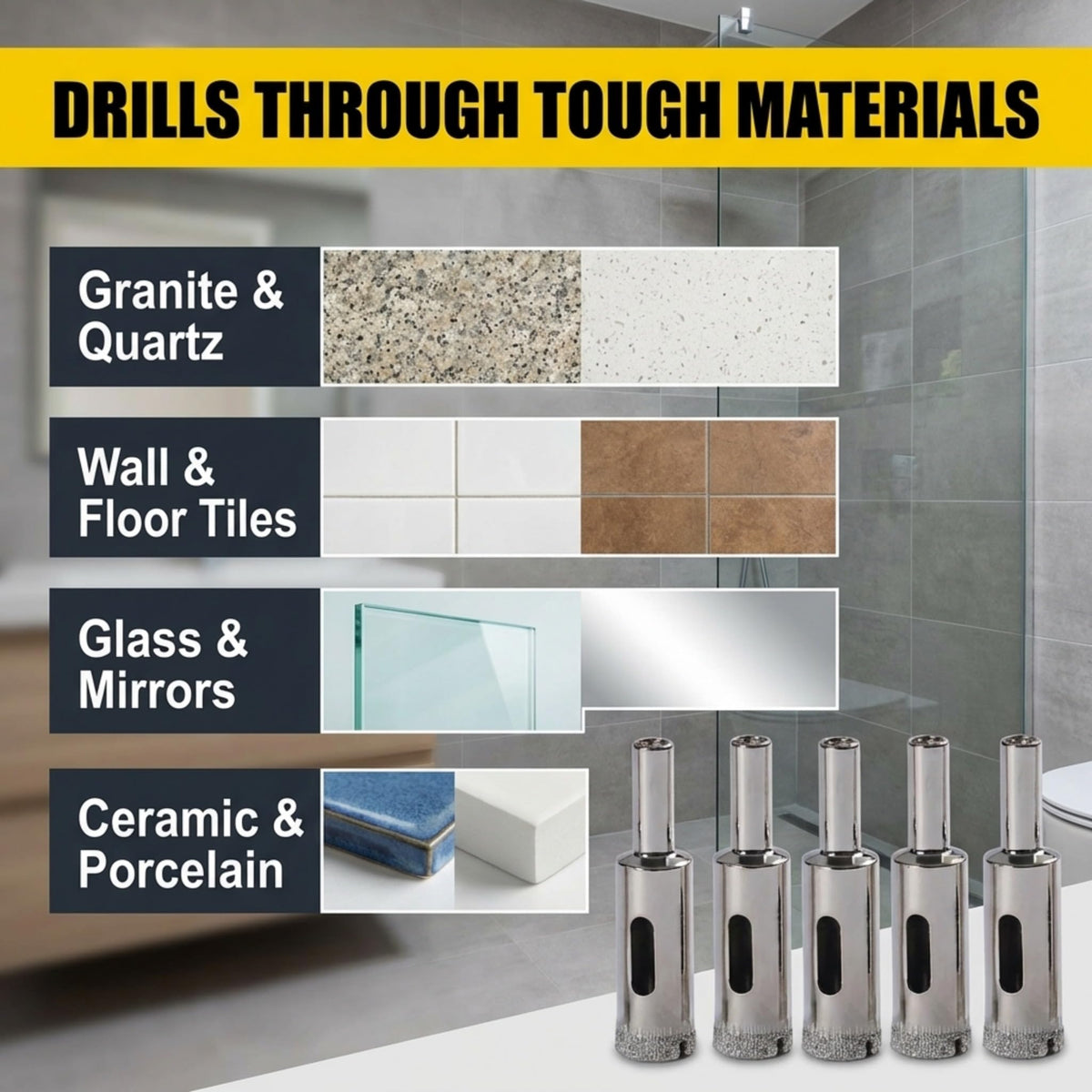 Drills granite, quartz, wall and floor tiles, glass, mirrors, ceramic and porcelain