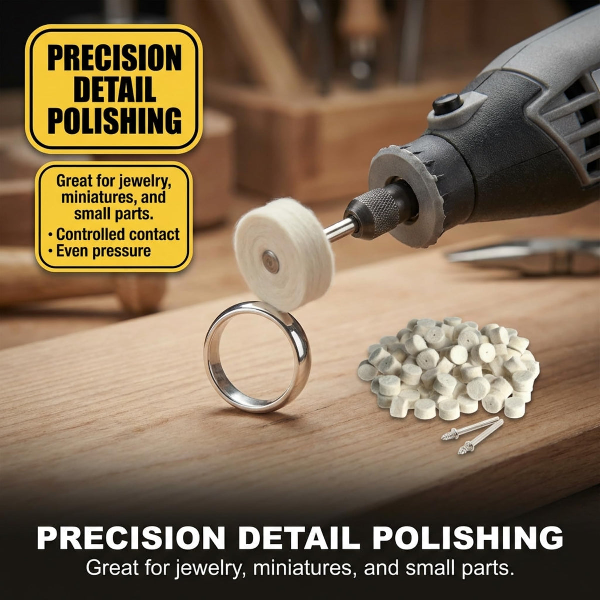 Felt wheel polishing a ring with a rotary tool