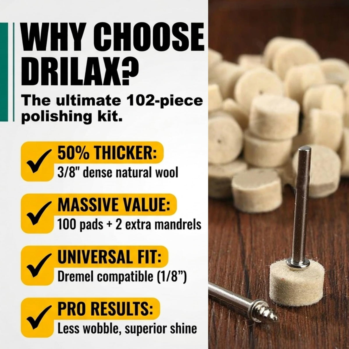 102-piece polishing kit: 100 thick felt pads and 2 mandrels