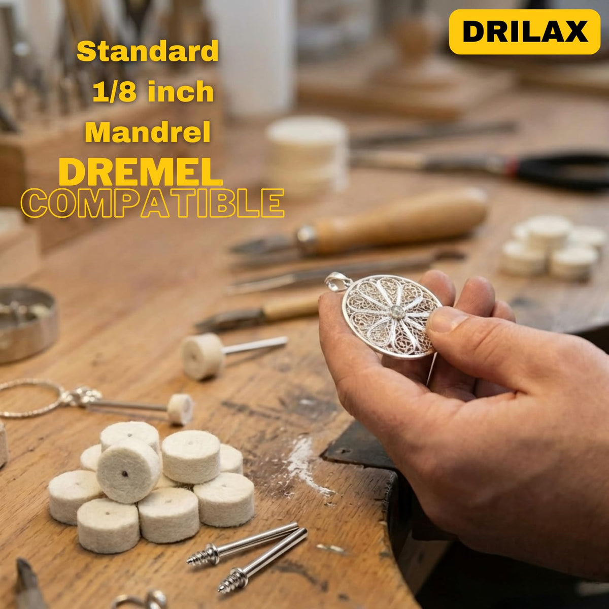 Felt wheel on a standard 1/8 inch mandrel polishing jewelry