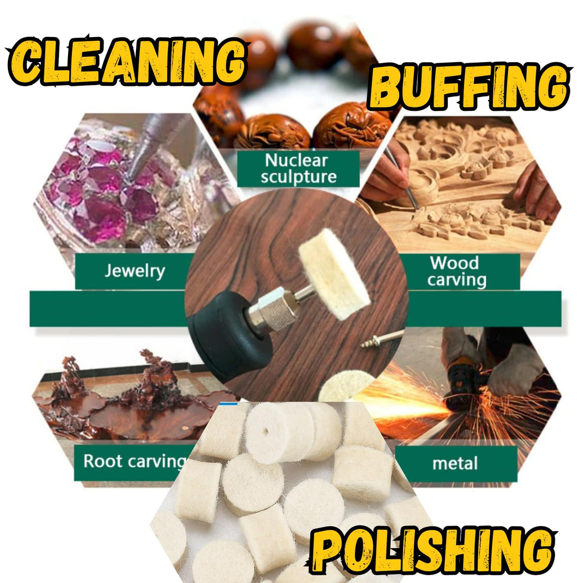 Felt wheels for cleaning, buffing and polishing jewelry, metal and wood carvings