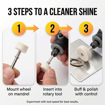 Three steps: mount the wheel, insert in the rotary tool, buff and polish