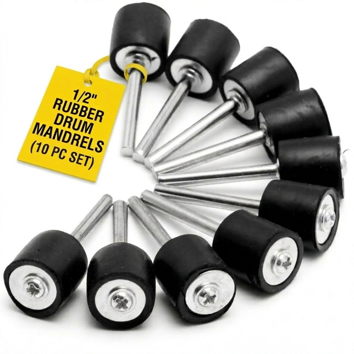 Ten 1/2 inch rubber drum mandrels with 1/8 inch shank