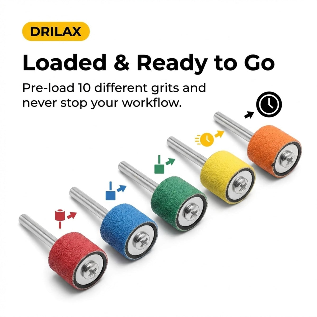 Drum mandrels loaded with sanding bands in different grits