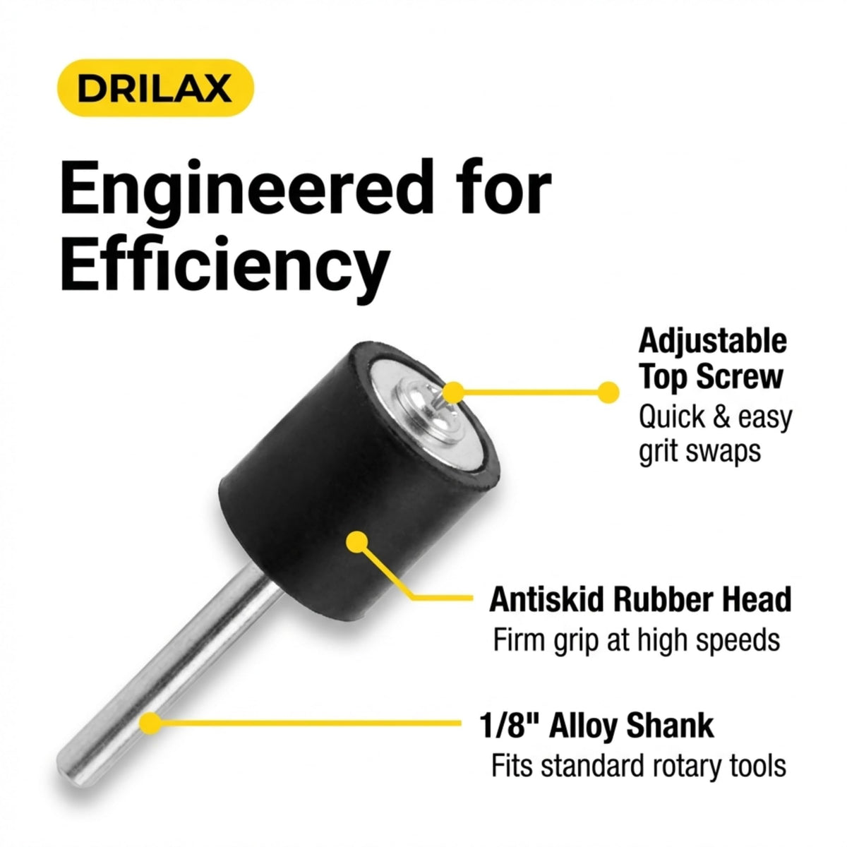 Drum mandrel features: adjustable top screw, antiskid rubber head, 1/8 inch alloy shank
