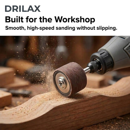 Sanding band on a drum mandrel shaping wood with a rotary tool