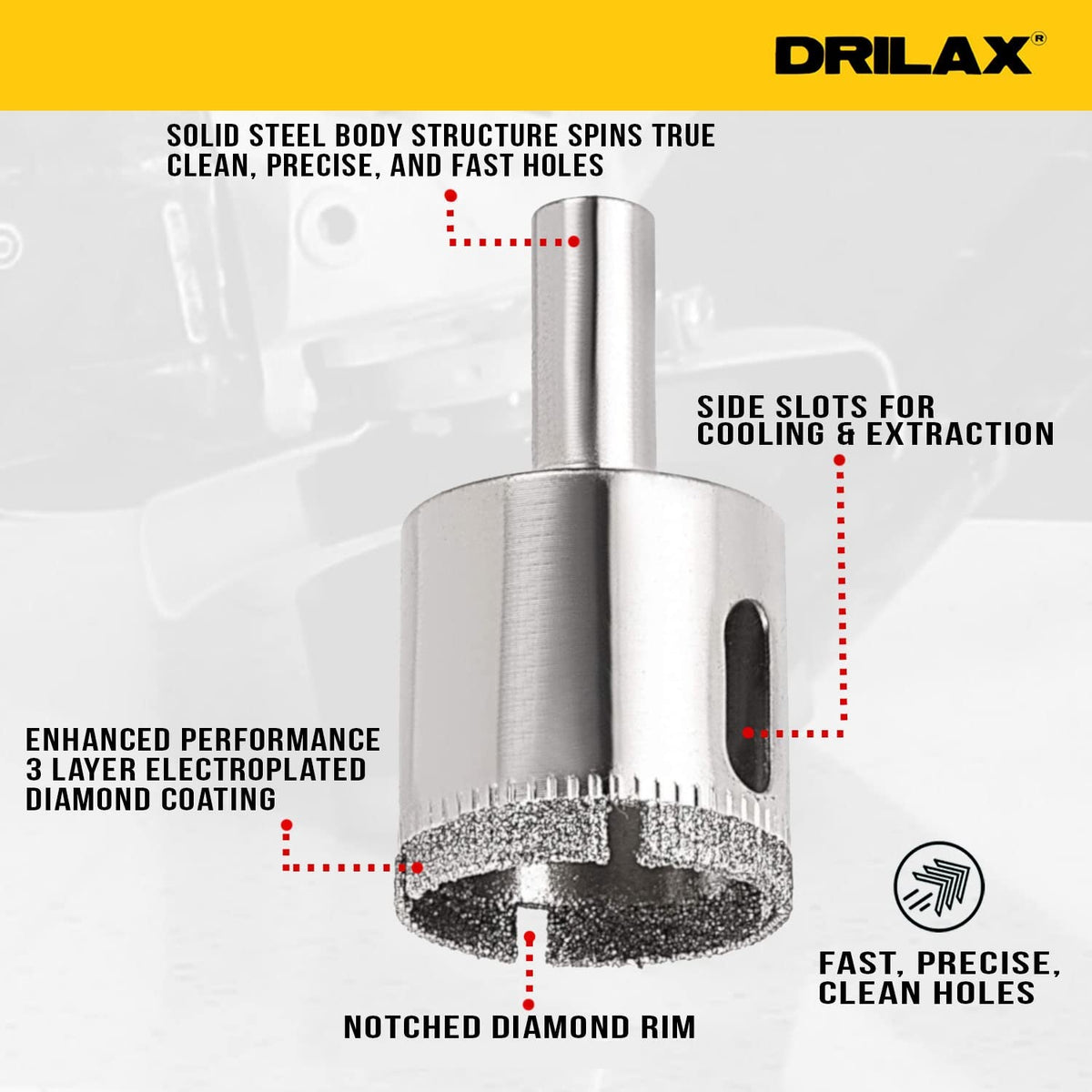 Solid steel body, 3 layer electroplated diamond coating, side slots and notched rim