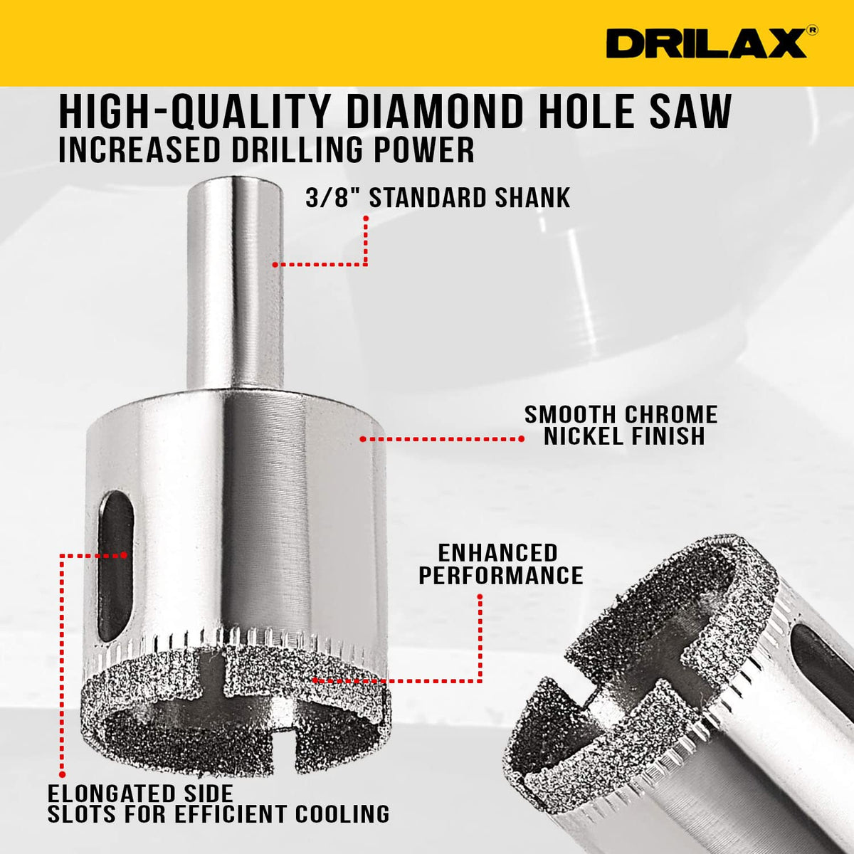 1-3/16 inch diamond hole saw features: 3/8 inch standard shank, chrome nickel finish, side cooling slots, triple-layer diamond