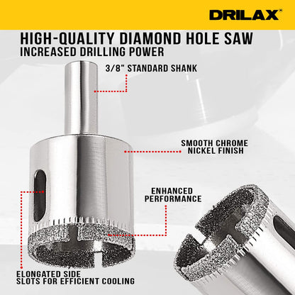 1-3/16 inch diamond hole saw features: 3/8 inch standard shank, chrome nickel finish, side cooling slots, triple-layer diamond