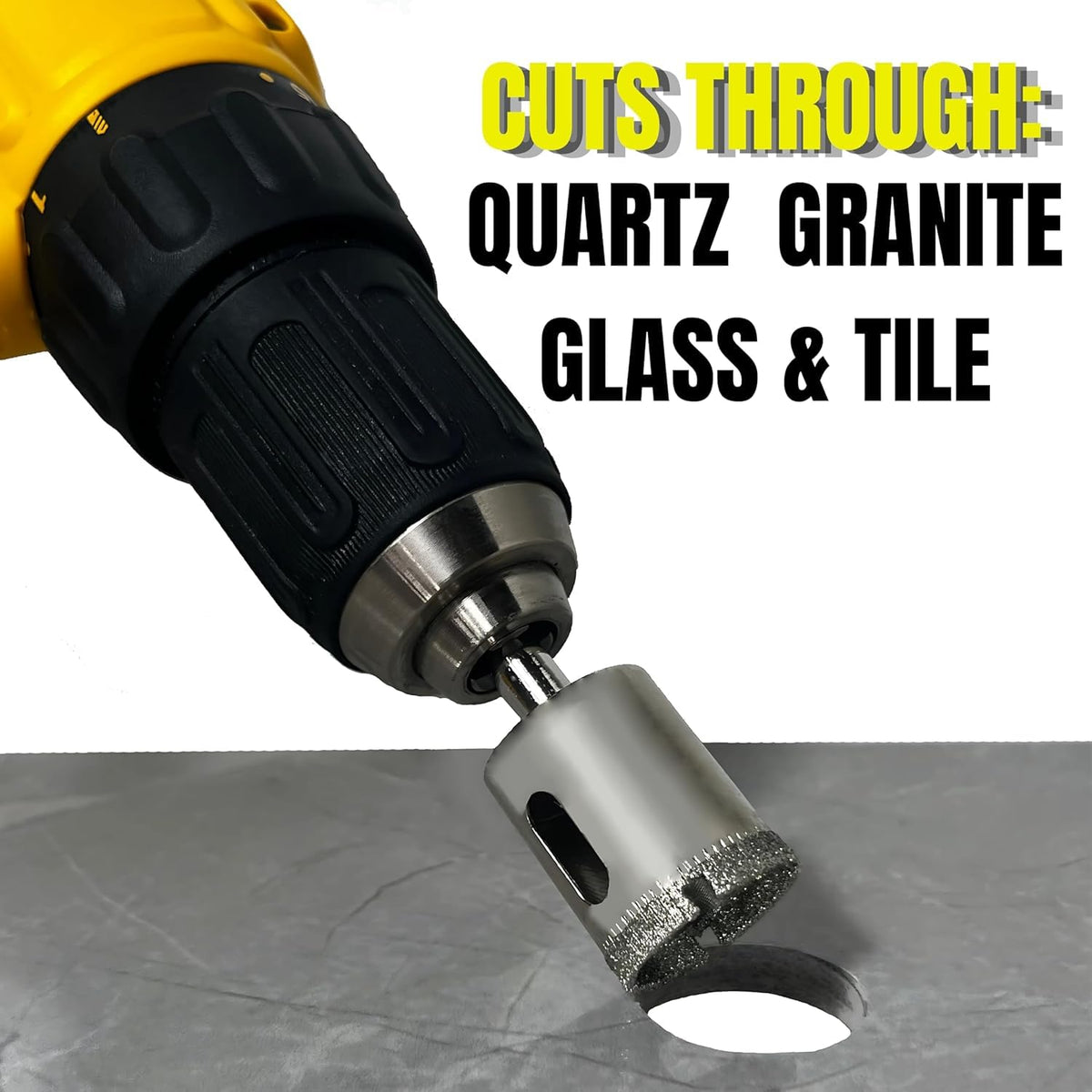 Cuts through quartz, granite, glass and tile