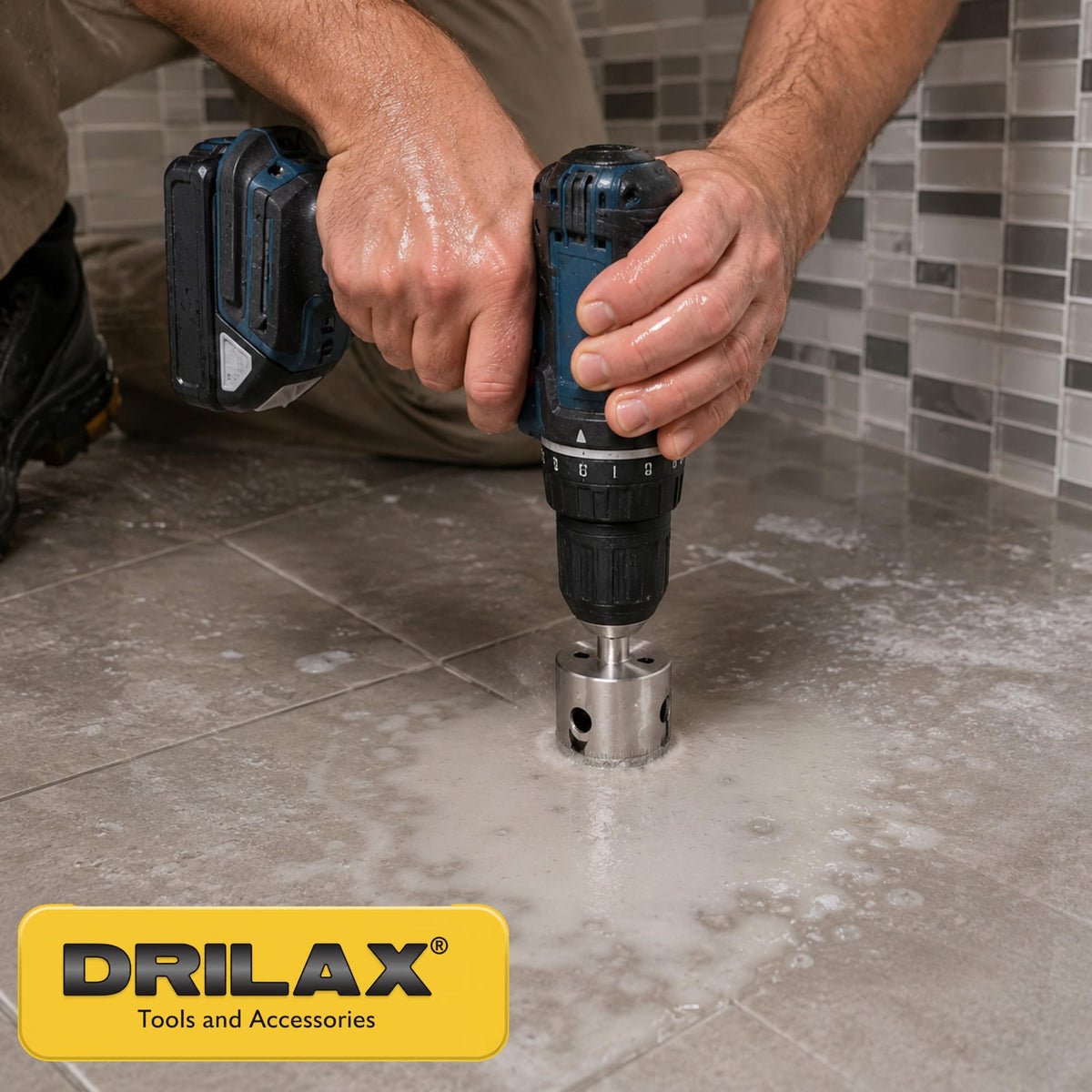 Drilling floor tile with a cordless drill and water