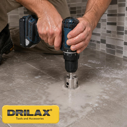 Drilling floor tile with a cordless drill and water