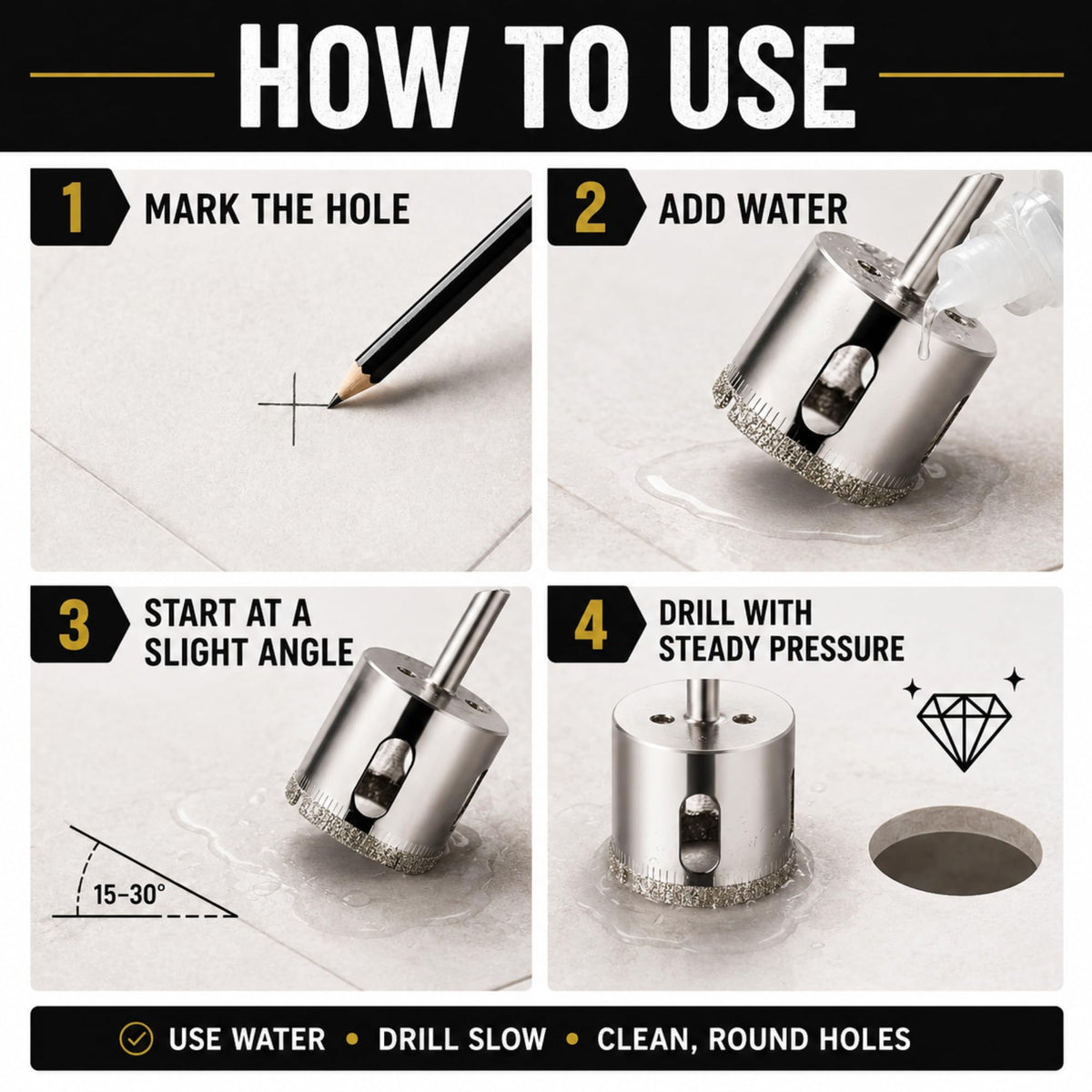 How to use: mark, add water, start at a slight angle, drill with steady pressure