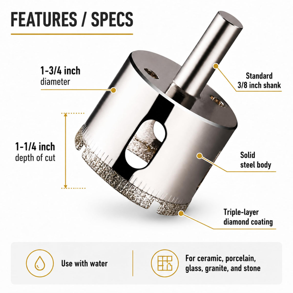 1-3/4 inch diameter, standard 3/8 inch shank, solid steel body, triple-layer diamond coating