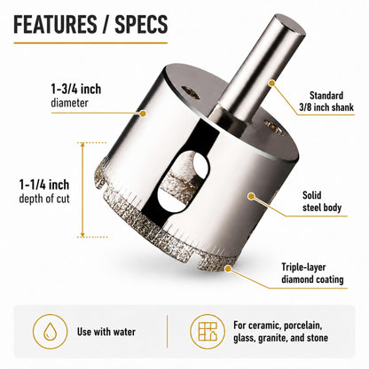 1-3/4 inch diameter, standard 3/8 inch shank, solid steel body, triple-layer diamond coating