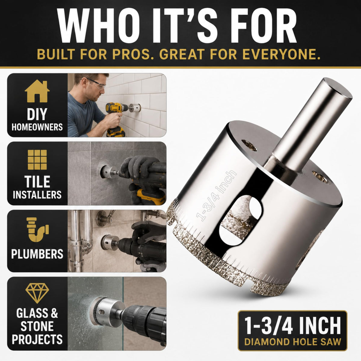 For DIY homeowners, tile installers, plumbers, glass and stone projects